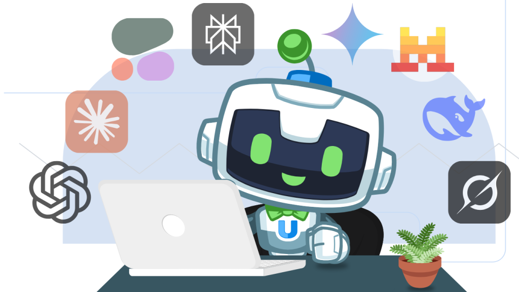 automator-ai-integrations Uncanny Automator mascot, U-Bot, sitting at a desk with a laptop and a small potted plant, surrounded by various AI logos, such as OpenAI, Anthropic, Perplexity, Gemini, and Grok amongst others.
