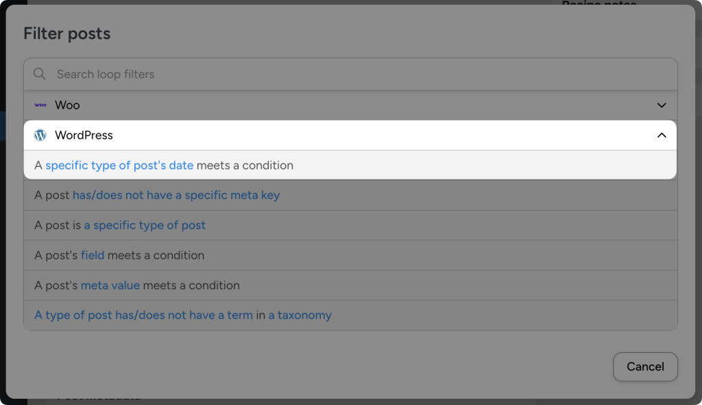 Filter posts menu showing WordPress selected with filtering options such as 'A specific type of post’s date meets a condition' and other post-related conditions listed below.