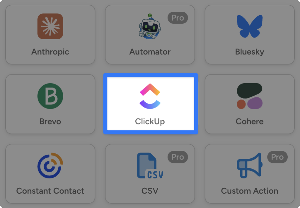Grid of WordPress integrations, including Anthropic, Brevo, and Constant Contact. The user has highlighted the “ClickUp” integration.