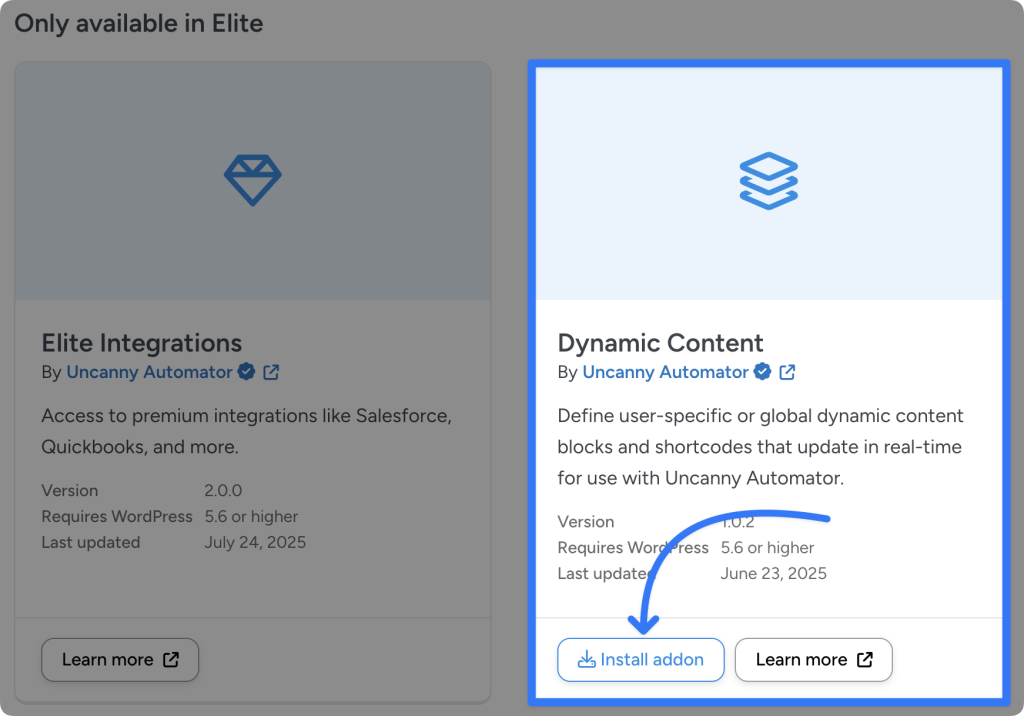 WordPress plugin card highlighting the Dynamic Content addon by Uncanny Automator with an arrow pointing to the 'Install addon' button. The card explains that it enables dynamic content blocks and shortcodes that update in real time.