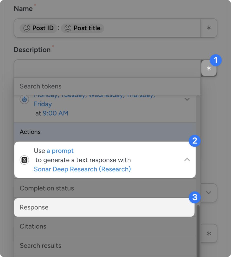 Uncanny Automator ClickUp integration interface showing token selection under the Description field. The user appears to have selected the “Response” token by first clicking the asterisk in the Description field, selecting the Perplexity action, and then the “Response” token.