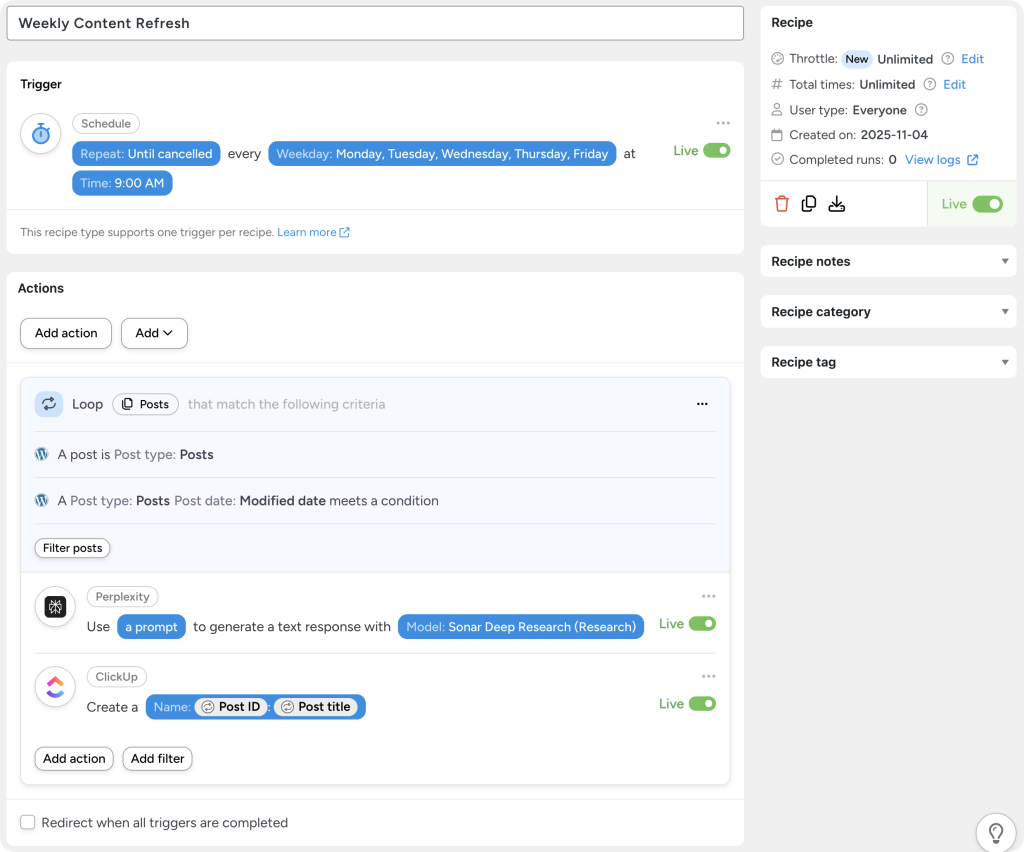 Uncanny Automator recipe showing an automation workflow designed to reverse WordPress content decay. The recipe runs every weekday at 9AM, loops through posts with dates meeting certain conditions, uses Perplexity to update content, and creates a new task in ClickUp for each refreshed post.