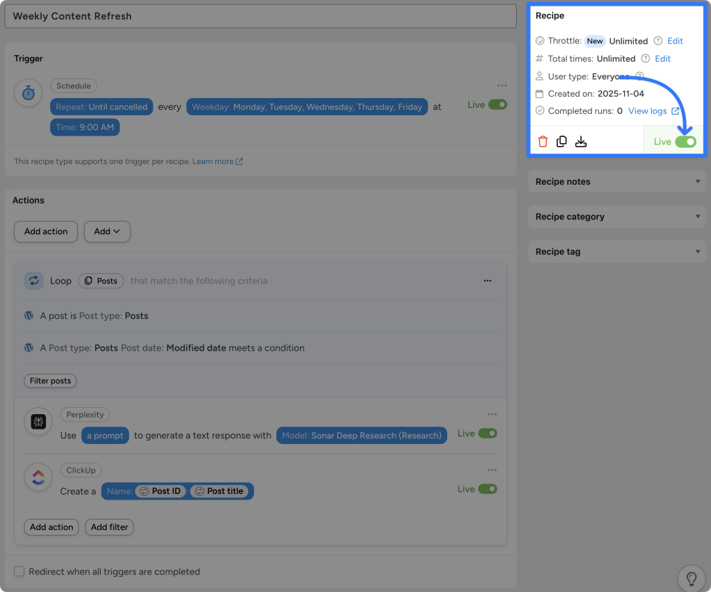 Uncanny Automator recipe showing an automation workflow designed to reverse WordPress content decay. The recipe runs every weekday at 9AM, loops through posts with dates meeting certain conditions, uses Perplexity to update content, and creates a new task in ClickUp for each refreshed post. The recipe is set to “Live”.