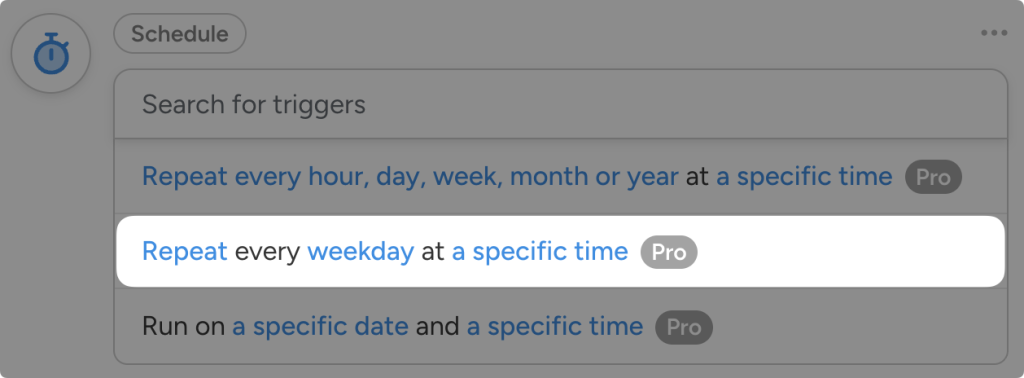 Dropdown list of Schedule integration triggers in Uncanny Automator. The user has highlighted the trigger, “Repeat every weekday at a specific time”.