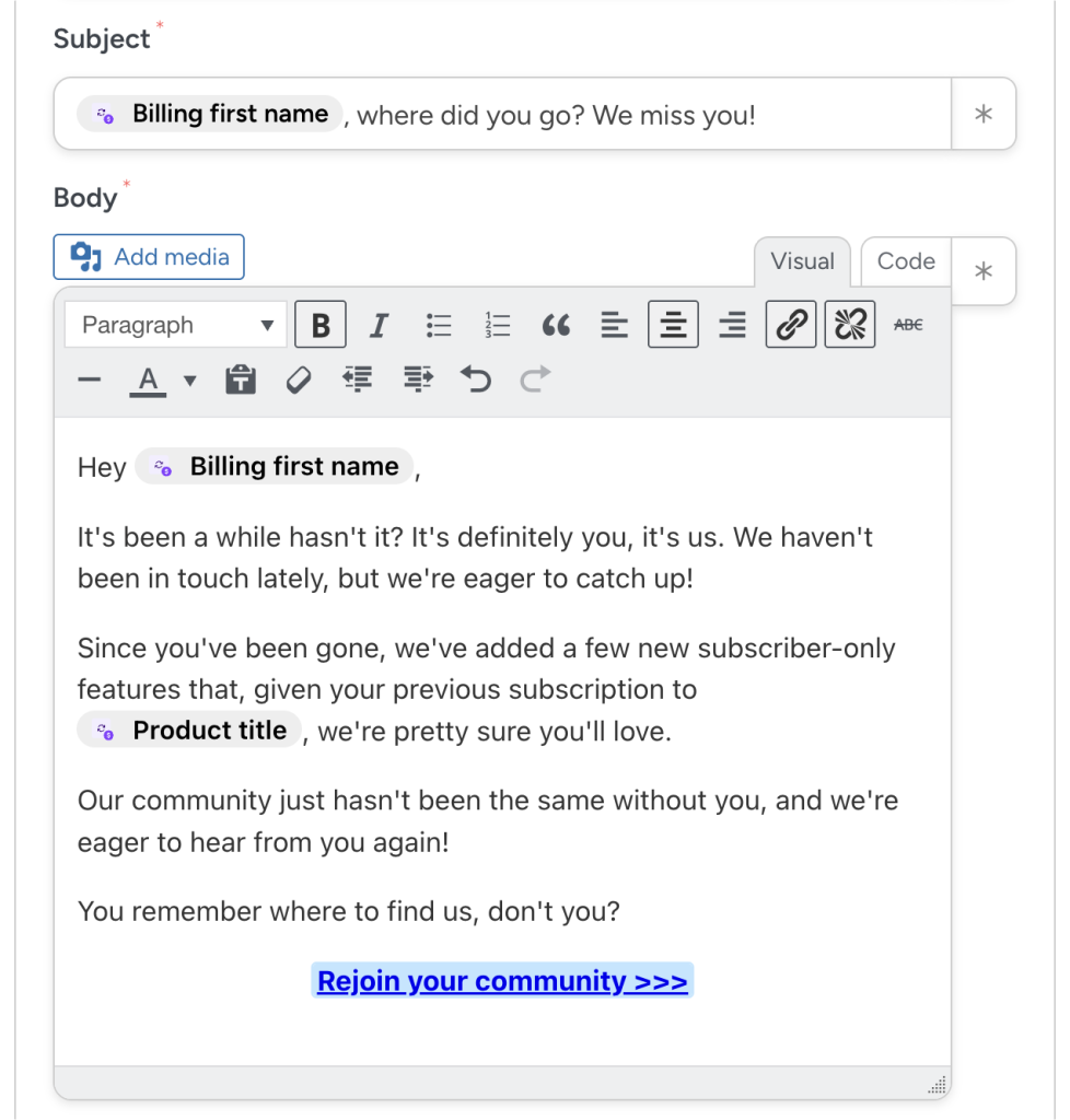 Sample WooCommerce win-back campaign email. The email uses personalization tokens and includes a CTA to “Rejoin your community”.