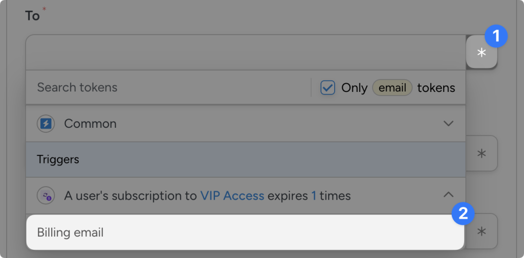 Dropdown list of tokens in Uncanny Automator. The user has highlighted the “asterisk” and the Woo Subscriptions “Billing email” token to populate the “To” field in an email editor.
