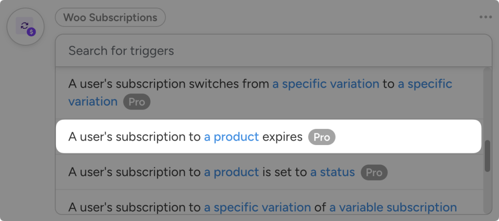 Dropdown list of Woo Subscriptions triggers in Uncanny Automator. The user has highlighted the trigger, “A user’s subscription to a product expires”.