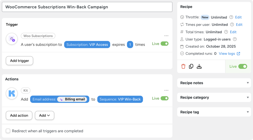 WooCommerce win-back campaign automation showing a trigger for a user’s ‘VIP Access’ subscription expiring and an action that adds the user’s billing email to a ‘VIP Win-Back’ email sequence in Kit, with the recipe set to live.