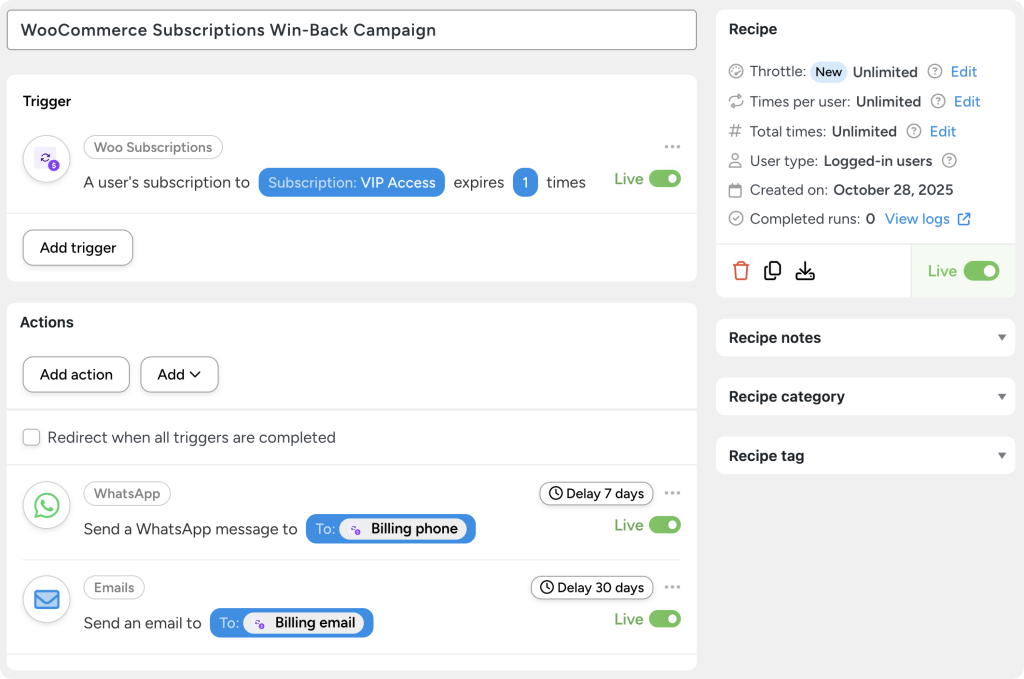 WooCommerce win-back campaign automation showing a trigger for a user’s ‘VIP Access’ subscription expiring and two live actions: sending a WhatsApp message to the billing phone after 7 days and an email to the billing email after 30 days.