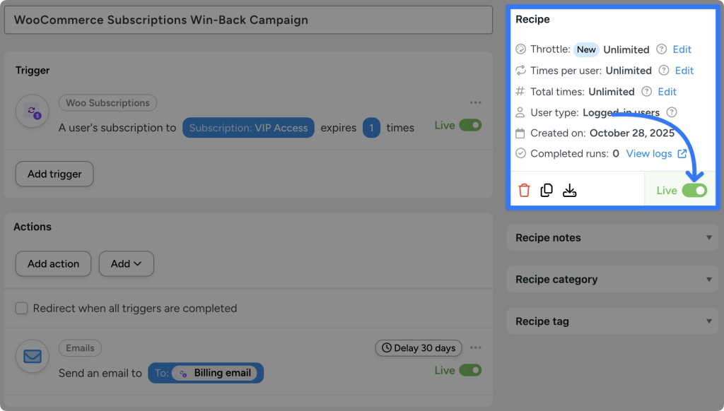 WooCommerce win-back campaign automation showing a trigger for a user's 'VIP Access' subscription expiring and an action to send an email to the billing address after a 30-day delay, with both steps marked live.