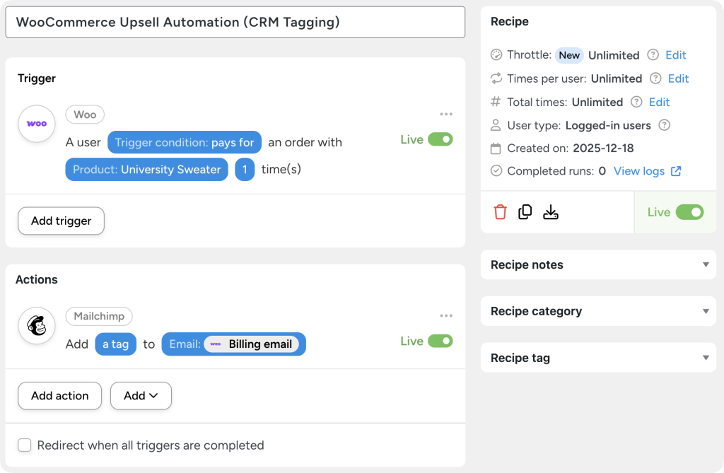 woo-upsell-automation-crm-tagging Uncanny Automator recipe screen showing a WooCommerce upsell automation. The automation tags the customer’s billing email address in Mailchimp when a customer purchases a WooCommerce product.