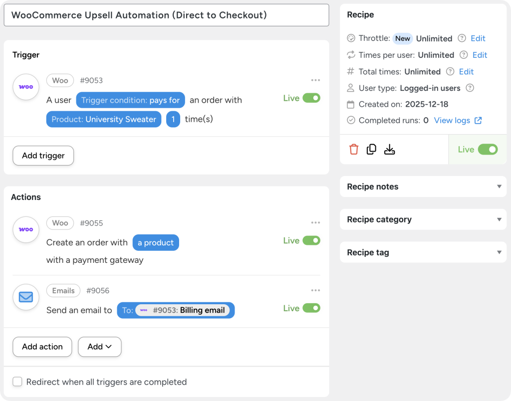 woo-upsell-automation-direct-to-checkout-1 Uncanny Automator recipe interface showing a WooCommerce upsell automation. When a customer purchases a WooCommerce product, the automation creates another order with a payment gateway and a secondary action emails the payment gateway link to the customer.