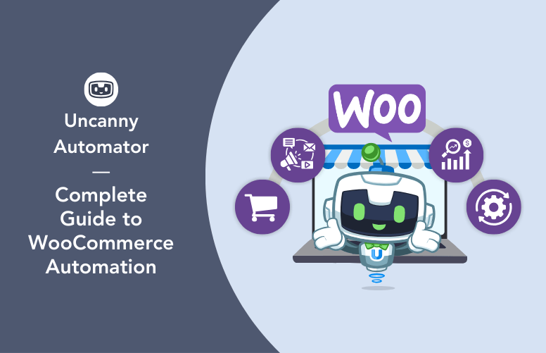 Uncanny Automator WooCommerce automation banner with a smiling robot on a laptop under a WooCommerce sign, surrounded by shopping cart, email marketing, analytics, and settings icons.