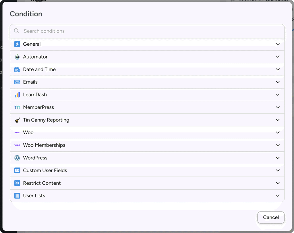 Uncanny Automator conditions modal showing a searchable list of filter categories including General, Automator, Date and Time, Emails, LearnDash, and others each with an expandable dropdown arrow.