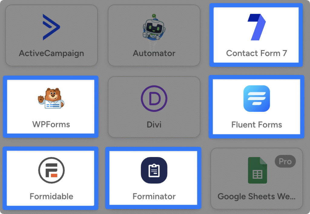Trigger integration picker showing logos for popular form plugins including Contact Form 7, WPForms, Fluent Forms, and others.