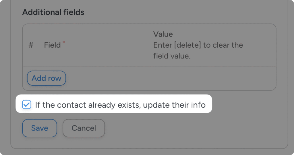 Uncanny Automator CRM action settings showing additional fields table and a checked option to update info if the contact already exists.
