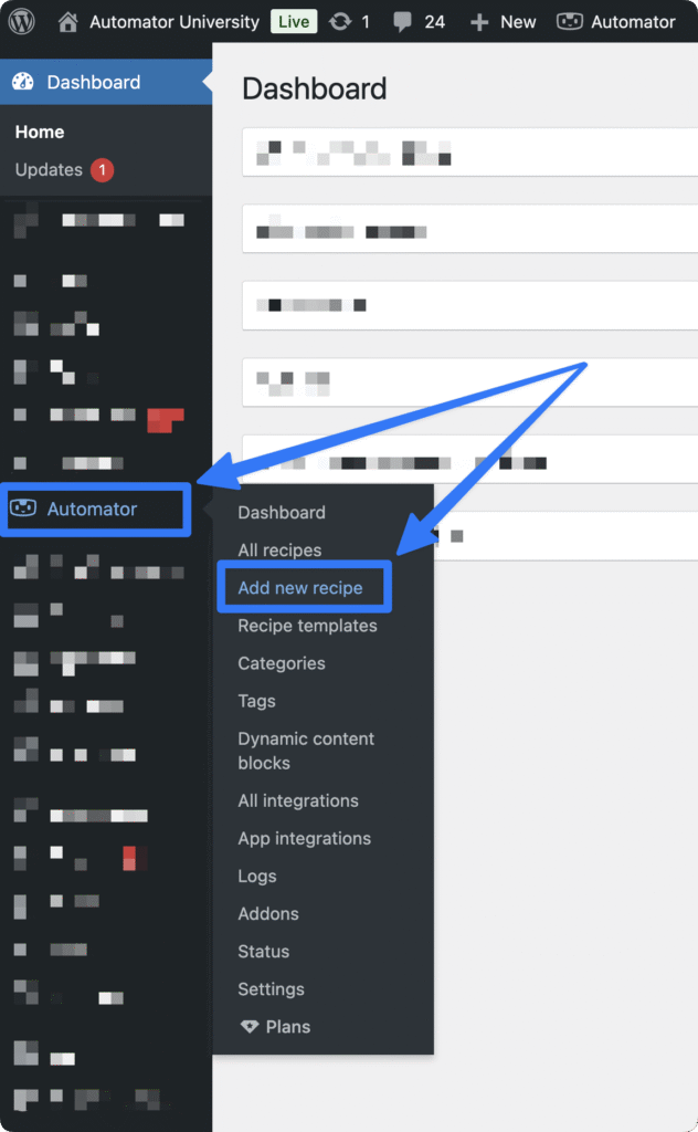 Automator submenu in the WordPress admin sidebar, showing options for Recipes, Add new recipe, Recipe Categories, App Integrations, and others.