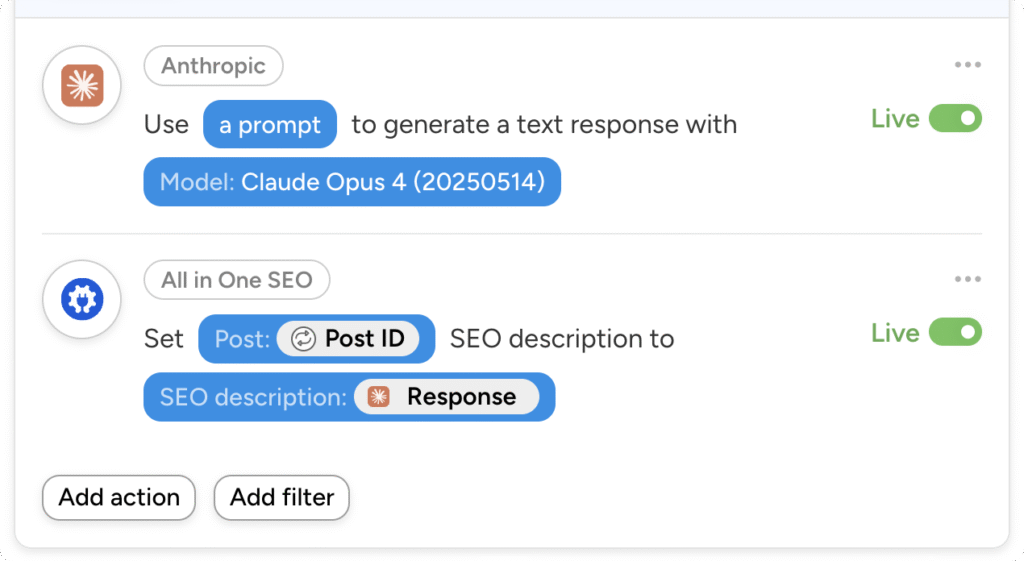 Uncanny Automator actions using Anthropic Claude Opus 4 to generate text, then setting an All in One SEO description with the response.