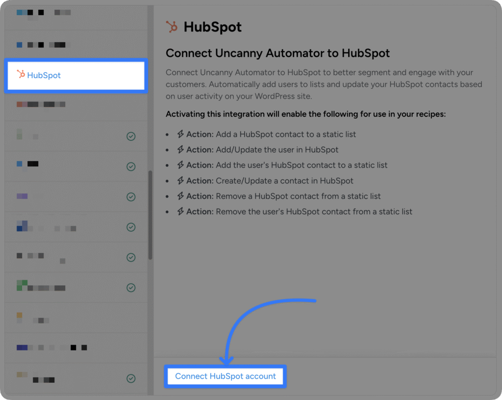 Uncanny Automator HubSpot settings page listing available actions and a Connect HubSpot account button to connect WordPress to your CRM.