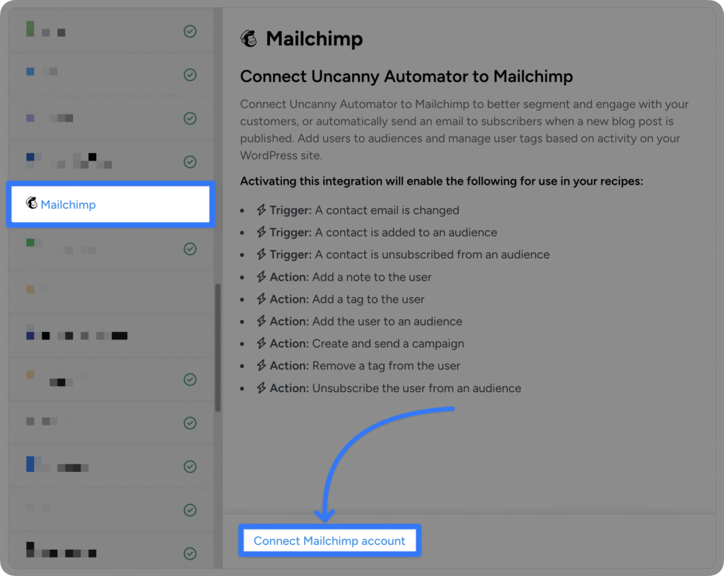 Uncanny Automator Mailchimp settings page listing available actions and a Connect Mailchimp account button to connect WordPress to your CRM.