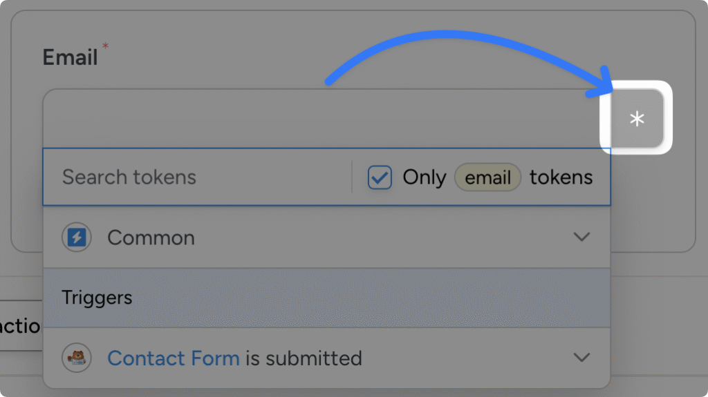 Uncanny Automator token selector in an email field, highlighting the asterisk button to insert tokens, with a search bar and an option to filter only email tokens.