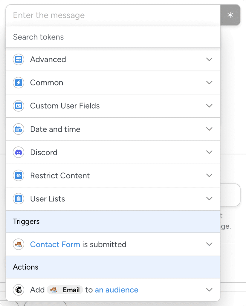 Uncanny Automator token dropdown list showing “User Lists,” “Triggers,” and “Date and time,” categories amongst others.