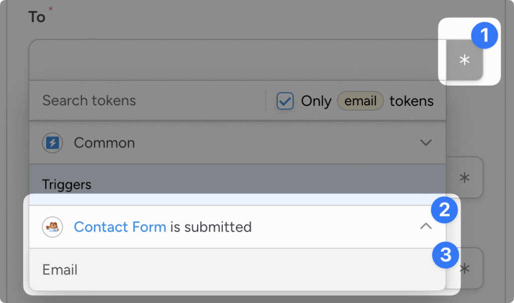 Uncanny Automator token picker showing numbered steps: click the asterisk, expand the Contact Form trigger, then select the Email token.
