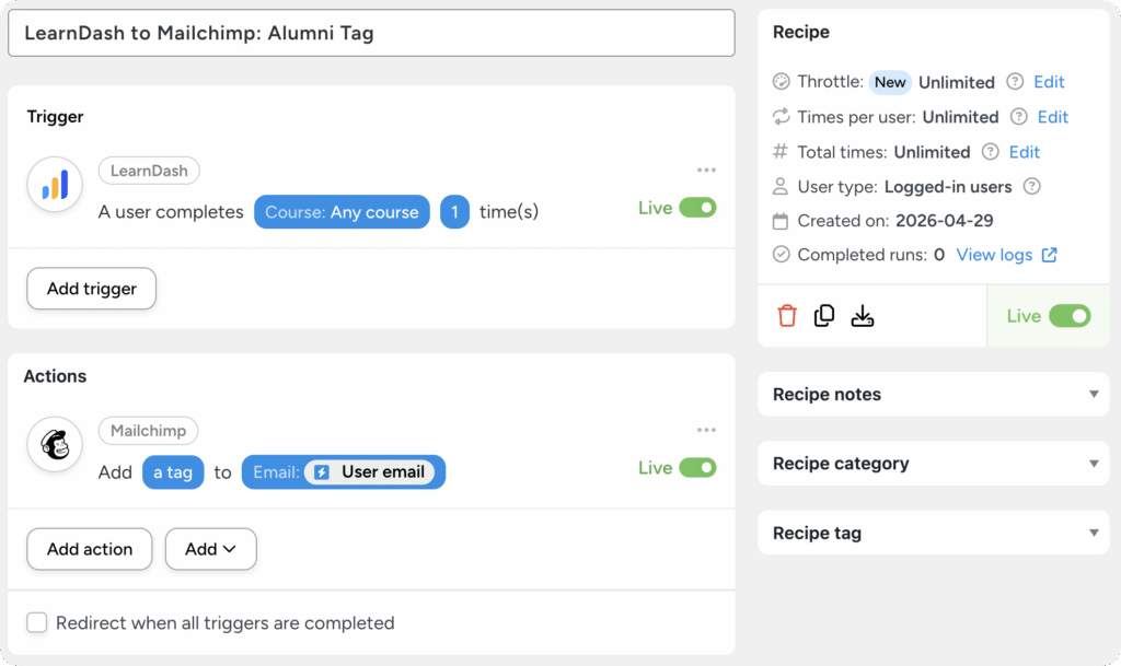 Uncanny Automator recipe to connect WordPress to your CRM, tagging Mailchimp contacts when a user completes a LearnDash course.