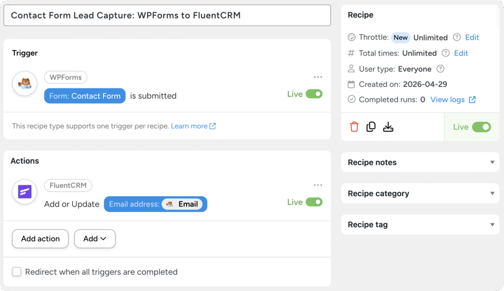 Uncanny Automator recipe to connect WordPress to your CRM, triggering on a WPForms submission and adding the contact in FluentCRM.