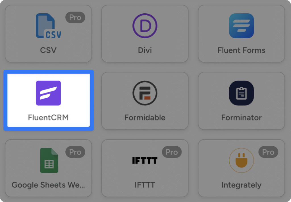 Grid of Uncanny Automator integrations for WordPress. The user has highlighted “FluentCRM”.
