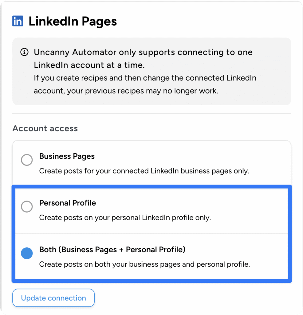 Uncanny Automator LinkedIn Pages integration settings with account access options for Business Pages, Personal Profile, or Both, with Both selected.