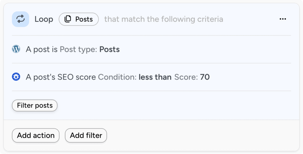 Uncanny Automator post loop filtered by post type Posts and SEO score less than 70, with Add action and Add filter buttons.
