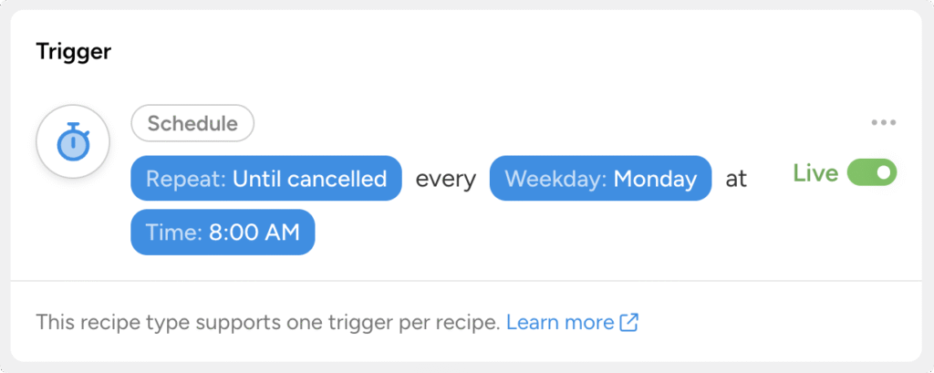 Uncanny Automator schedule trigger set to repeat until cancelled every Monday at 8:00 AM, with Live toggle enabled.