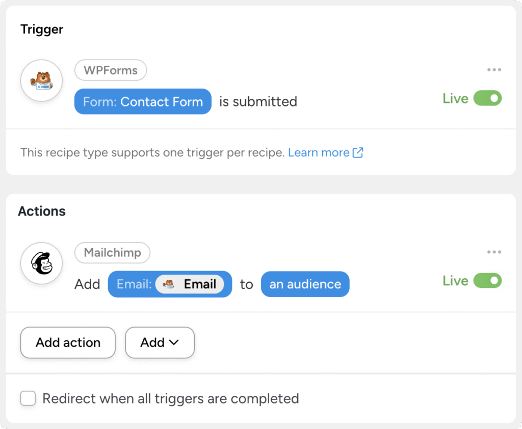 Uncanny Automator recipe showing a WPForms trigger “Contact Form is submitted” connected to a Mailchimp action that adds the submitted email to an audience, with both steps marked live.