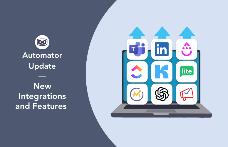 Laptop displaying new integration icons including Microsoft Teams, LinkedIn, ChatGPT, and others on a blue background with upward arrows.