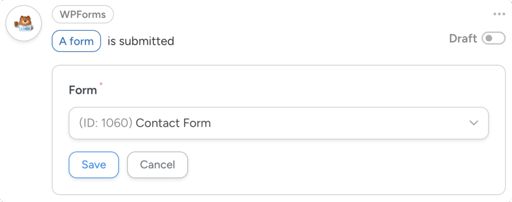 WPForms form selector dropdown field in Uncanny Automator. The user has selected “Contact Form”.