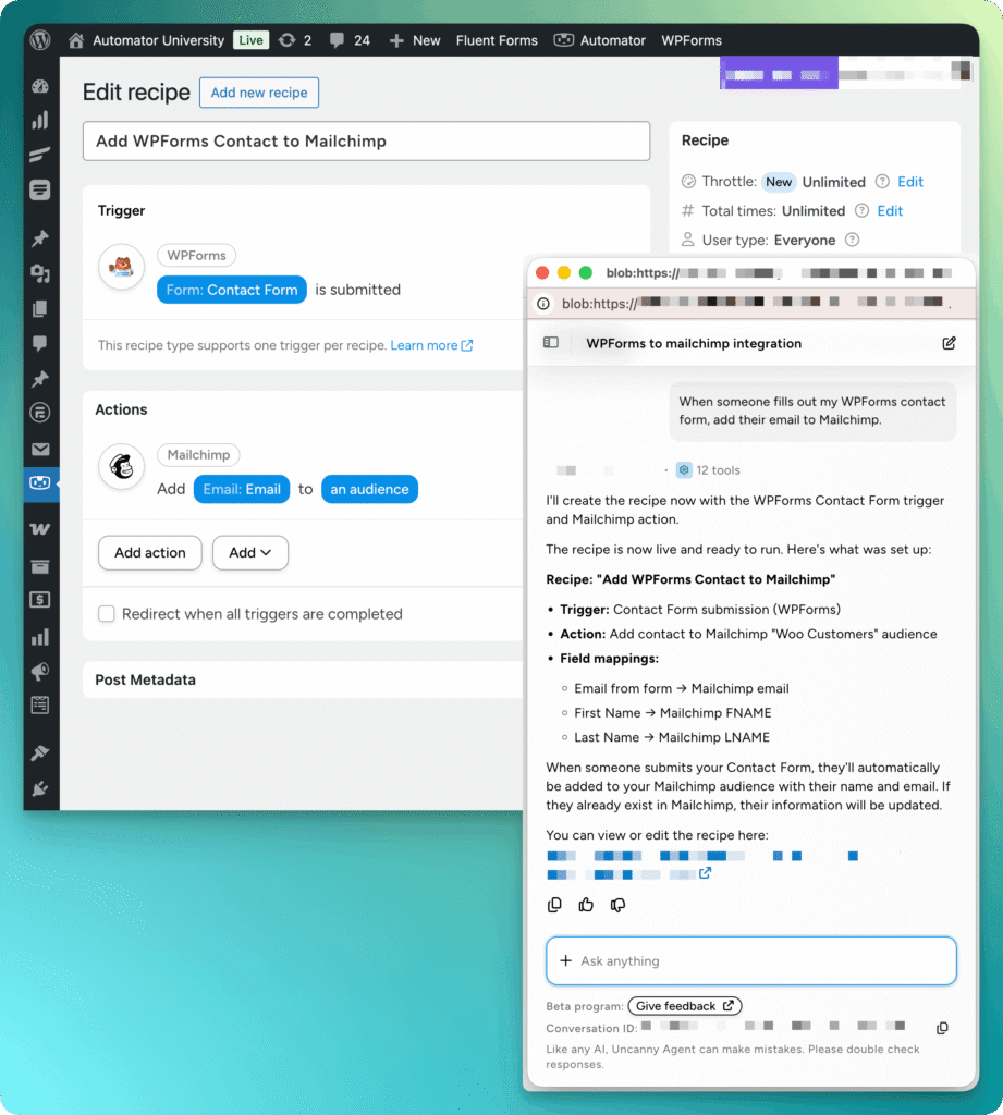 Uncanny Agent AI assistant for WordPress building a WPForms-to-Mailchimp recipe via chat, with the completed recipe editor behind it.
