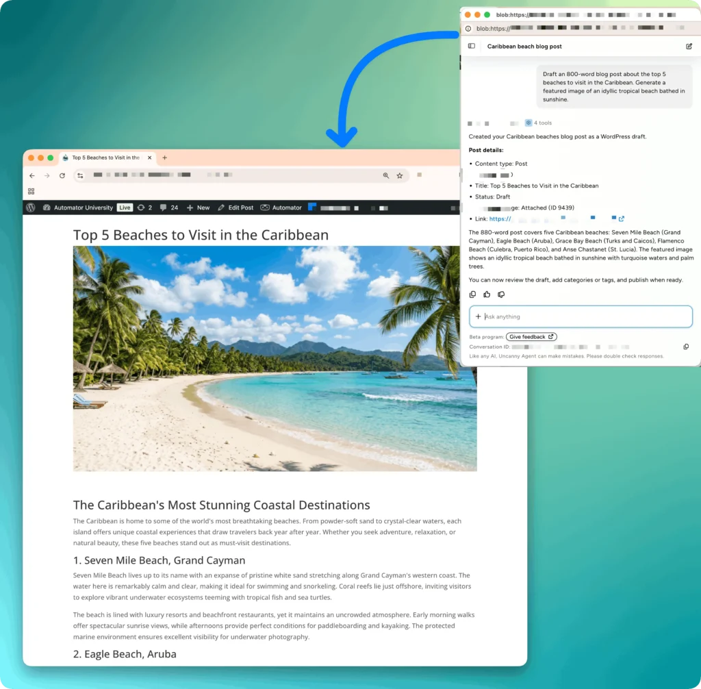 Uncanny Agent AI assistant for WordPress drafting a Caribbean beaches blog post with a featured image, shown alongside the published draft.