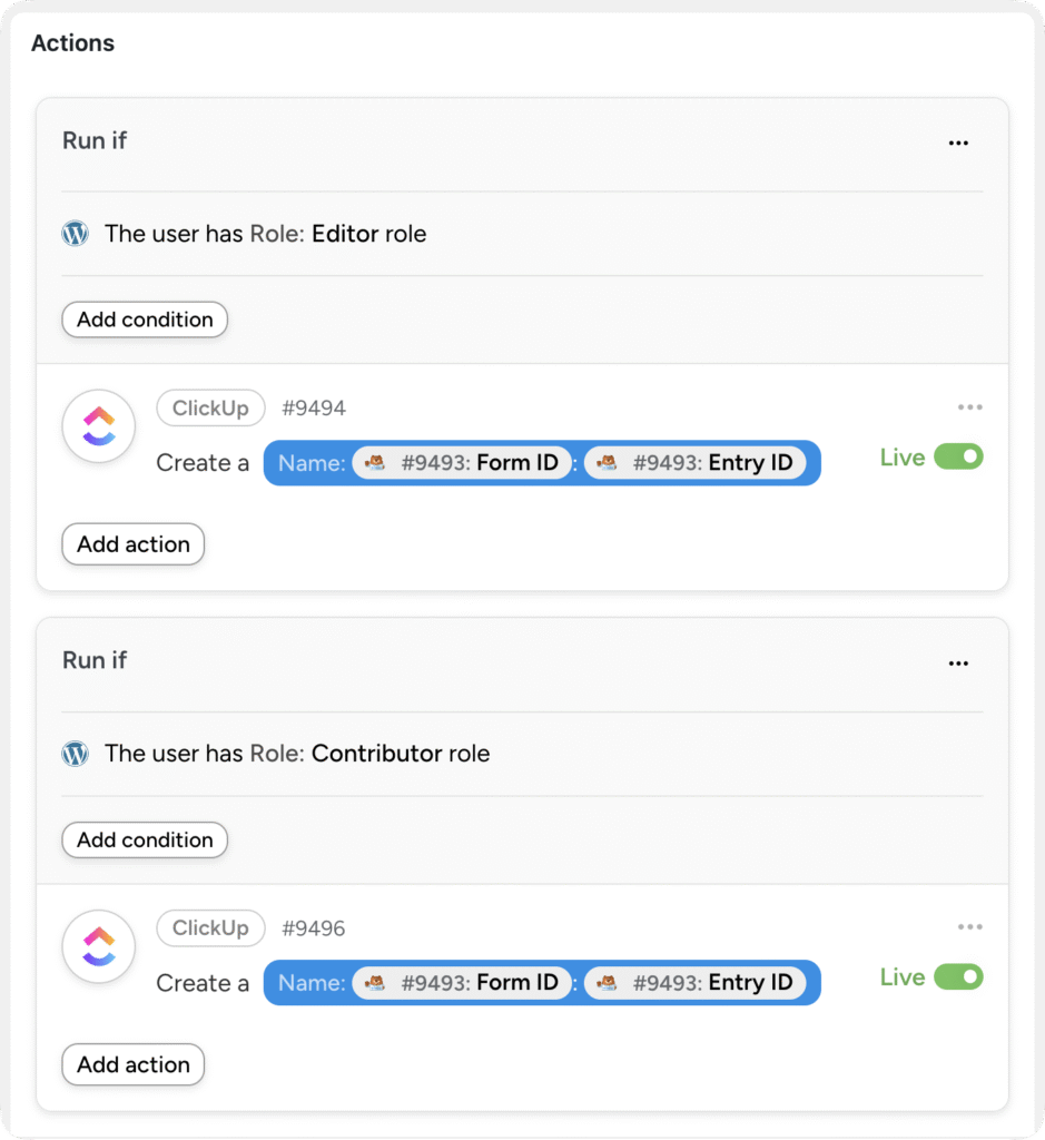 Uncanny Automator actions section with two conditional branches: one runs a ClickUp task creation if the user has the Editor role, and another runs the same ClickUp action if the user has the Contributor role, both using Form ID and Entry ID tokens.