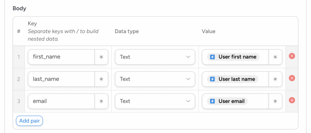 Uncanny Automator webhook body configuration with three key-value pairs mapping first_name, last_name, and email to user token values, each set to Text data type.