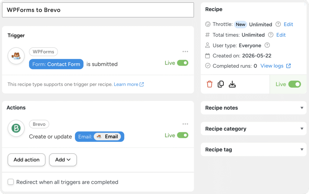 Uncanny Automator recipe editor for a WPForms to Brevo workflow, with a WPForms Contact Form submission trigger and a Brevo create or update contact action using the form email token, both set to Live.