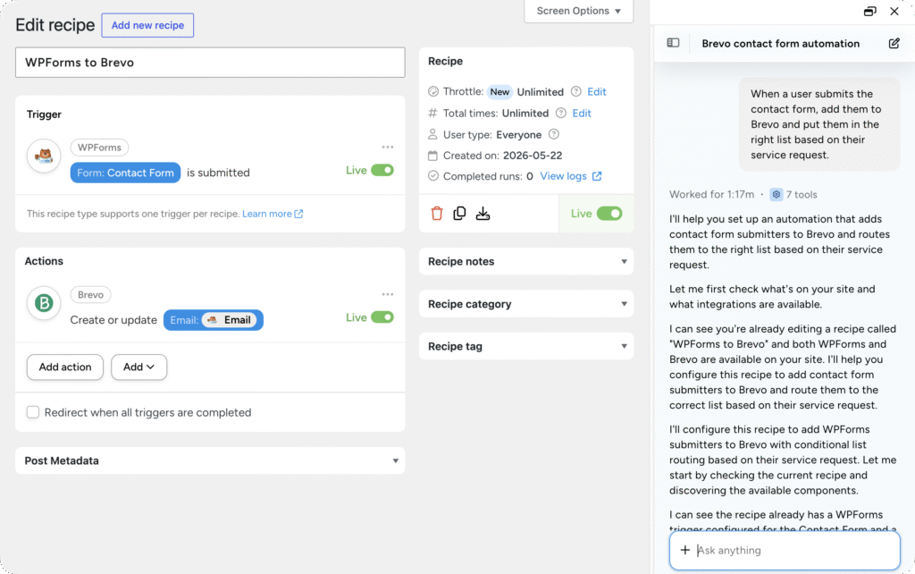 Uncanny Automator recipe editor for a WPForms to Brevo workflow alongside the Uncanny Agent chat panel, where the AI assistant explains how it will configure conditional list routing based on the user's service request.
