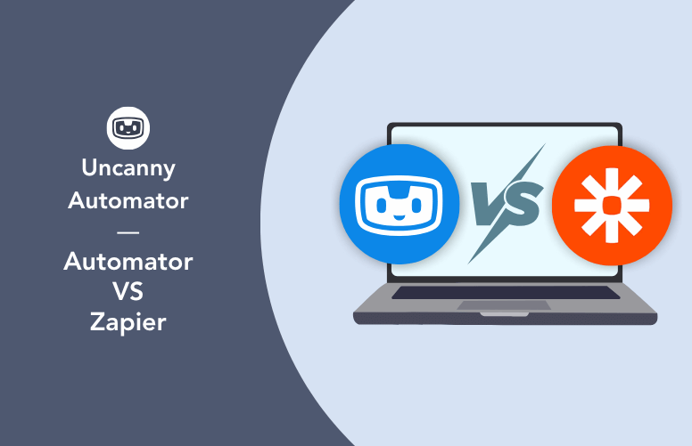 Laptop displaying the Uncanny Automator and Zapier logos with a VS symbol between them on a blue background, comparing the two automation tools.