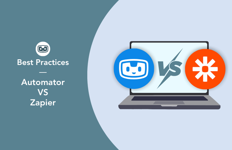 Laptop displaying the Uncanny Automator and Zapier logos with a VS symbol between them on a blue background, comparing the two automation tools.