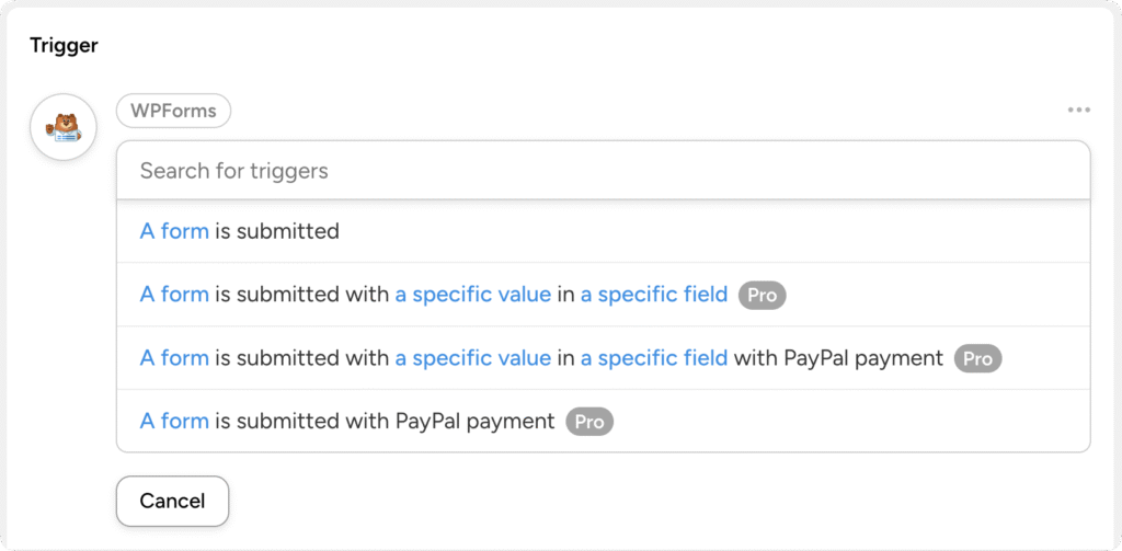 Uncanny Automator WPForms trigger selection showing four options: form submitted, form with specific field value, form with PayPal payment, and form with specific value and PayPal payment.