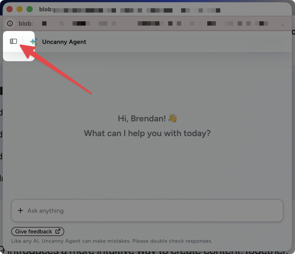Uncanny Agent chat window with a red arrow pointing to the chat history icon in the top-left corner beside the Uncanny Agent heading.