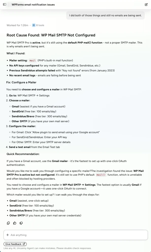 uncanny-agent-email-notification-issue-root-cause Uncanny Agent chat identifying the root cause of email failures as an unconfigured WP Mail SMTP Pro plugin still using PHP's default mail function, with step-by-step instructions to configure a mailer like Gmail, SendGrid, or Sendinblue.