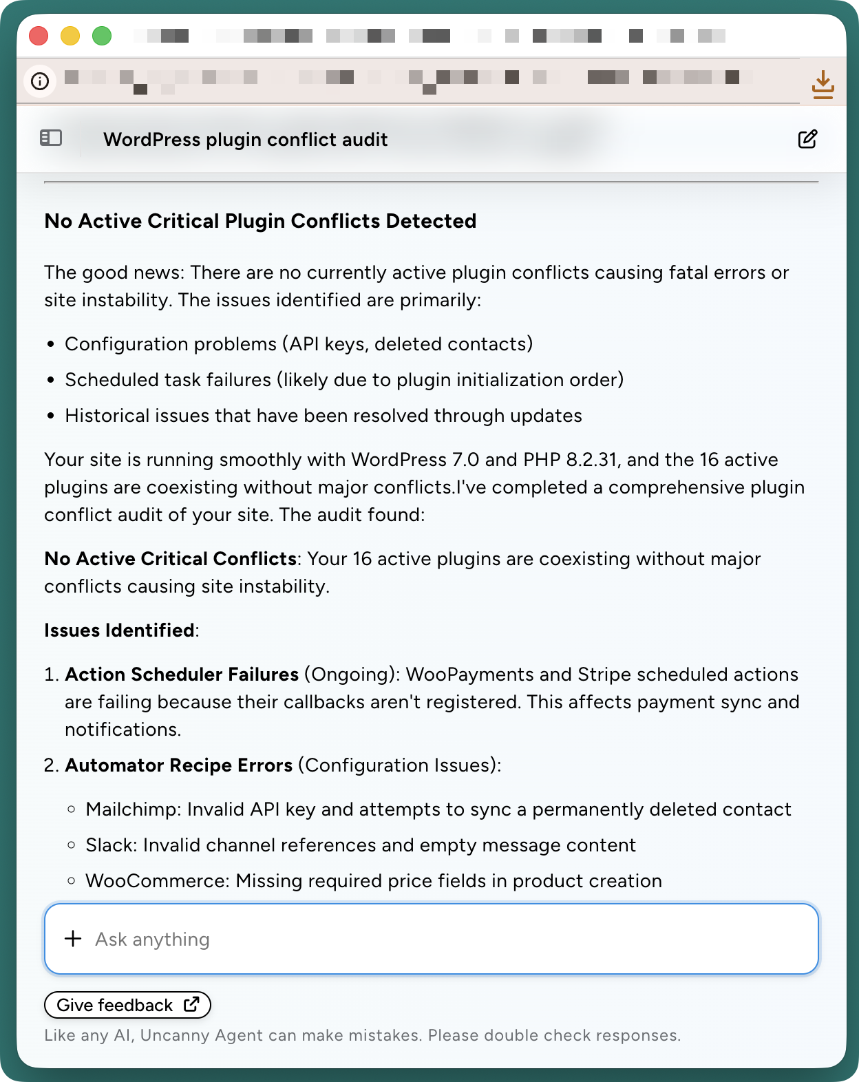uncanny-agent-plugin-conflict-audit Uncanny Agent chat response showing a WordPress plugin conflict audit that found no critical conflicts among 16 active plugins, but identified Action Scheduler failures for WooPayments and Stripe.