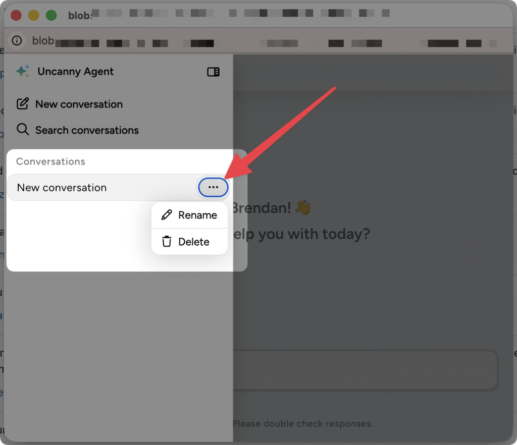 Uncanny Agent conversation sidebar with a red arrow pointing to the three-dot menu on a conversation, showing Rename and Delete options.