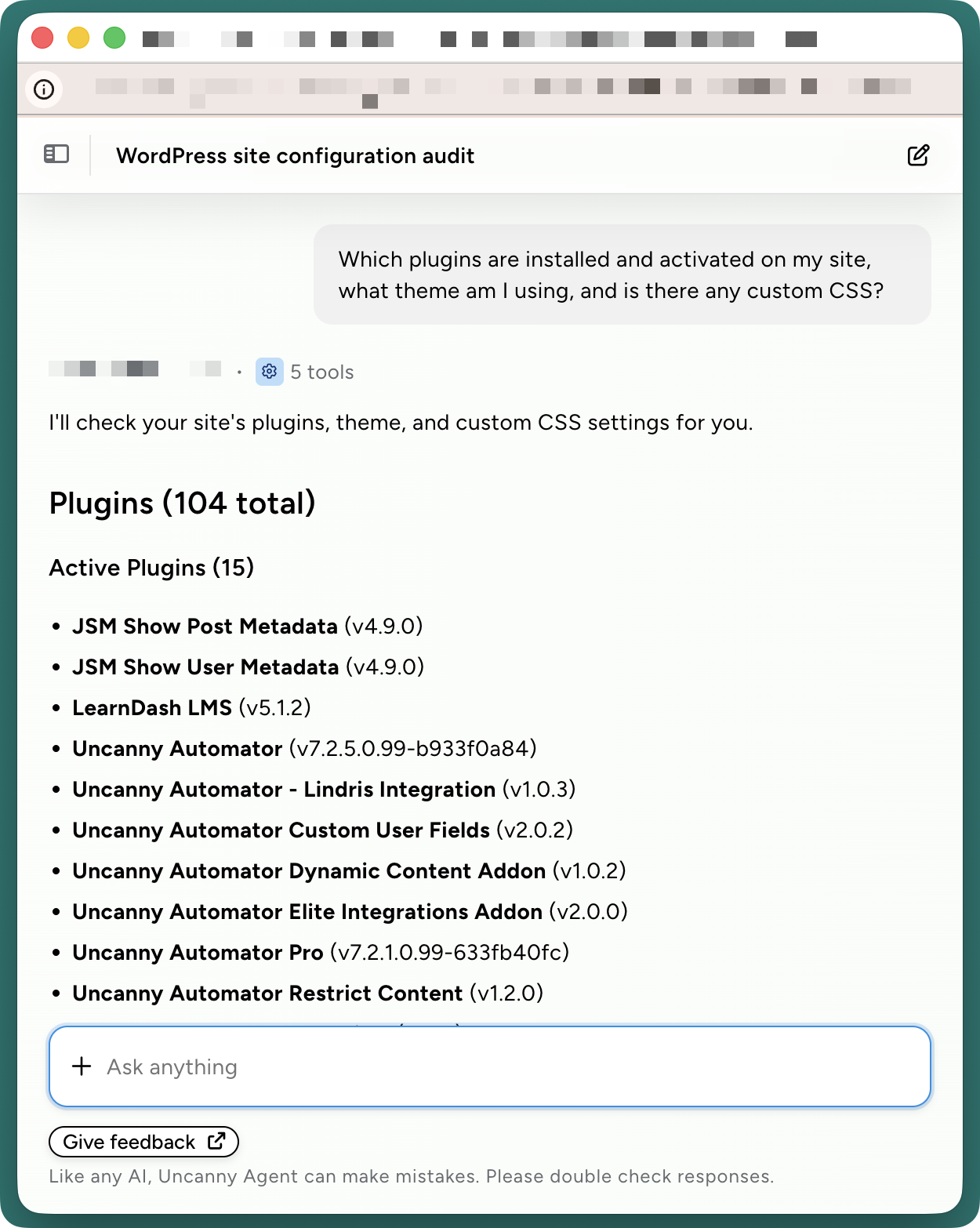 uncanny-agent-site-audit Uncanny Agent chat showing a WordPress site configuration audit listing 15 active plugins out of 104 total, including LearnDash LMS, Uncanny Automator, and several Automator addons with their version numbers.
